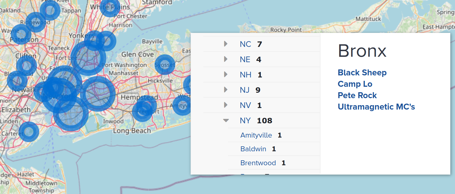 map of several circles in various sizes over new york city, with osm base map, and pop up window listing musical artists